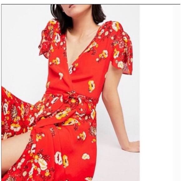 Free people Jess red maxi floral boho flutter sleeve wrap dress size XS - Picture 3 of 12